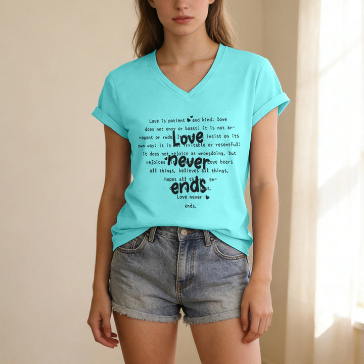 Christianartworkshop Love Never Ends Bible Verse Casual V-neck T-shirt - image 9