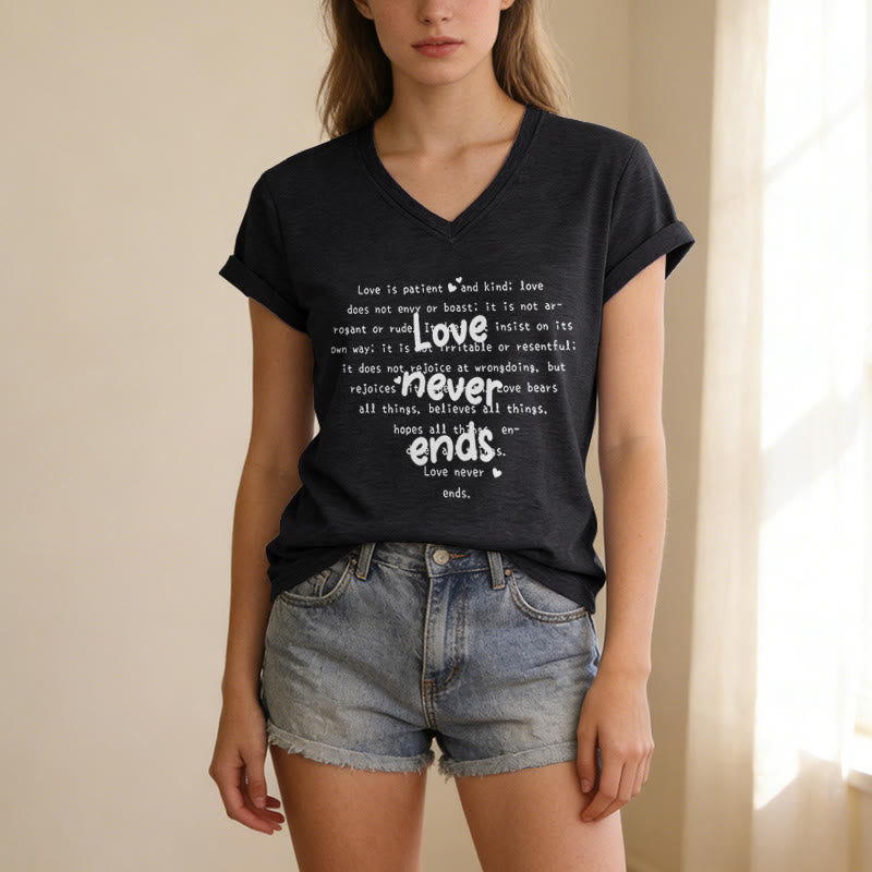 Christianartworkshop Love Never Ends Bible Verse Casual V-neck T-shirt - image 13