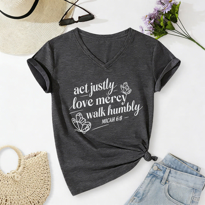 Christianartworkshop Act Justly Love Mercy Walk Humbly Micah 6:8 Butterfly Print Casual V-neck T-shirt - Dark Grey - 2XL - image 20