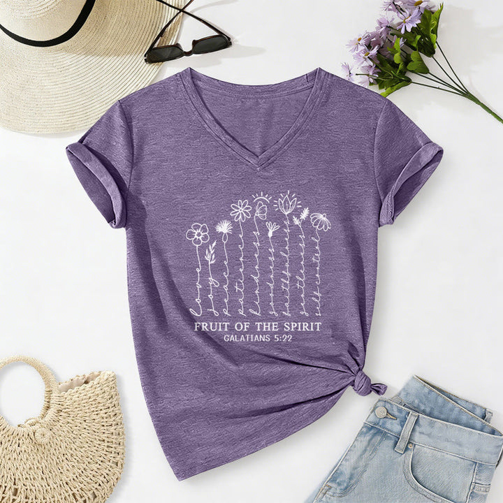 Christianartworkshop Fruit of the Spirit Galatians 5:22 Floral Print Casual V-neck T-shirt - Purple - 2XL - image 16
