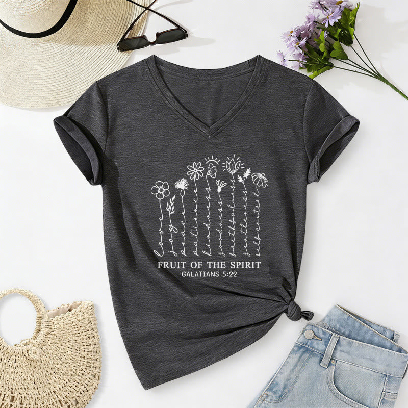 Christianartworkshop Fruit of the Spirit Galatians 5:22 Floral Print Casual V-neck T-shirt - Dark Grey - 2XL - image 20