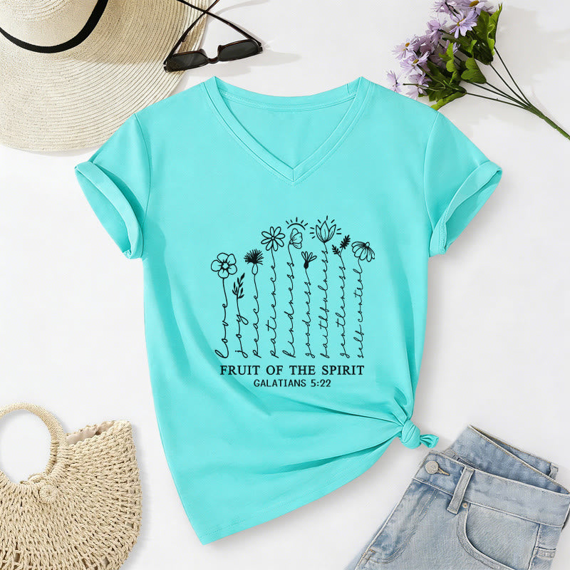 Christianartworkshop Fruit of the Spirit Galatians 5:22 Floral Print Casual V-neck T-shirt - Sky Blue - 2XL - image 8