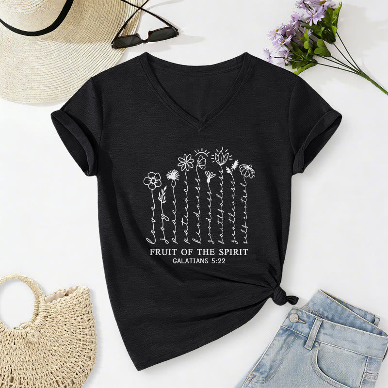 Christianartworkshop Fruit of the Spirit Galatians 5:22 Floral Print Casual V-neck T-shirt - Black - 2XL - image 12