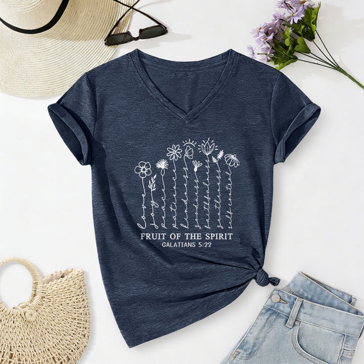 Christianartworkshop Fruit of the Spirit Galatians 5:22 Floral Print Casual V-neck T-shirt - Navy Blue - 2XL - image 18