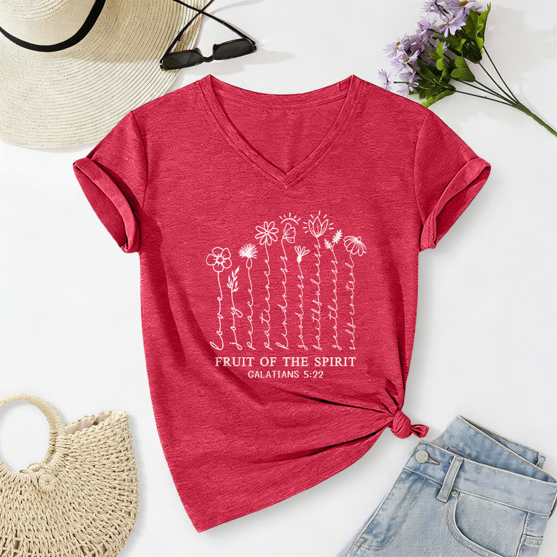 Christianartworkshop Fruit of the Spirit Galatians 5:22 Floral Print Casual V-neck T-shirt - Red - 2XL - image 22