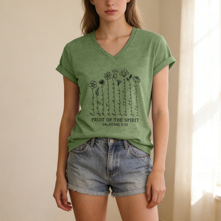 Christianartworkshop Fruit of the Spirit Galatians 5:22 Floral Print Casual V-neck T-shirt - image 5
