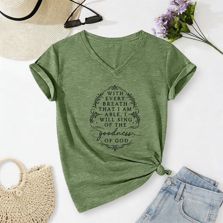 Christianartworkshop With Every Breath I Will Sing of the Goodness of God Inspirational Floral Casual V-neck T-shirt - Olive Green - 2XL - image 6