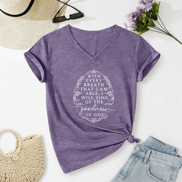Christianartworkshop With Every Breath I Will Sing of the Goodness of God Inspirational Floral Casual V-neck T-shirt - Purple - 2XL - image 0