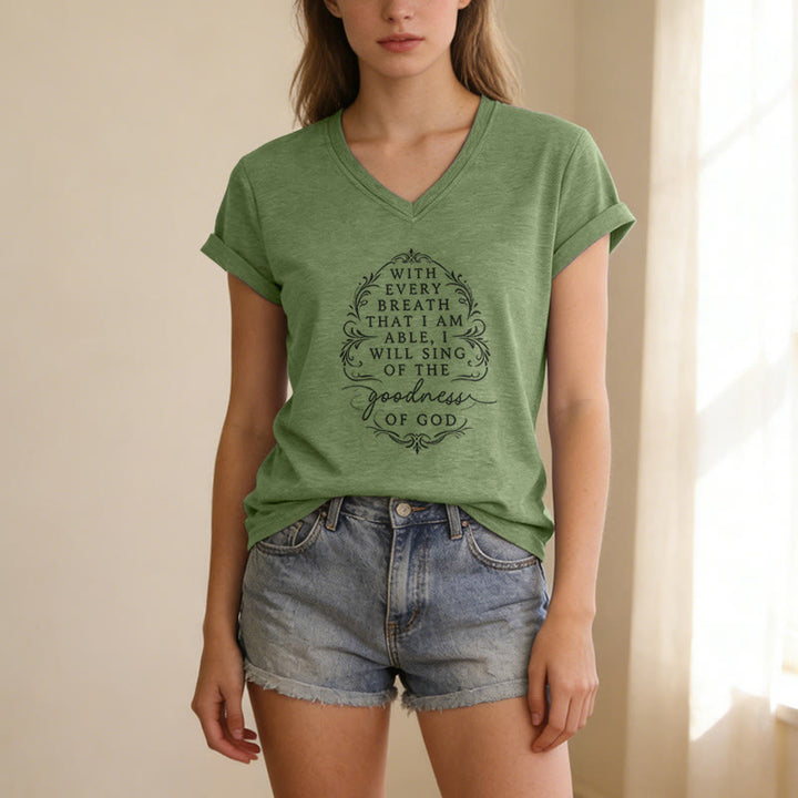 Christianartworkshop With Every Breath I Will Sing of the Goodness of God Inspirational Floral Casual V-neck T-shirt - image 7