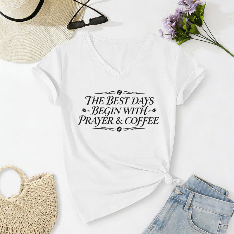 Christianartworkshop The Best Days Begin With Prayer & Coffee Casual V-neck T-shirt - White - 2XL - image 10