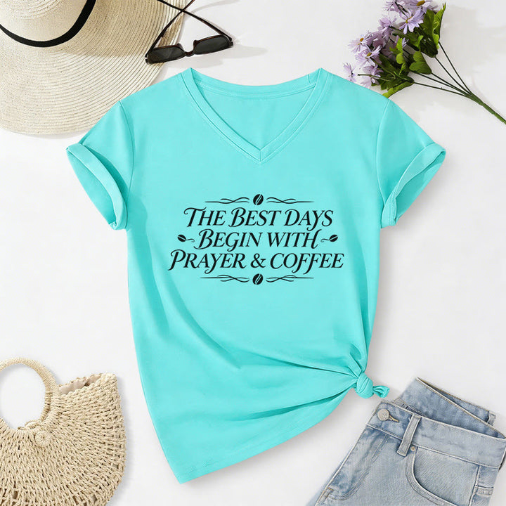 Christianartworkshop The Best Days Begin With Prayer & Coffee Casual V-neck T-shirt - Sky Blue - 2XL - image 12