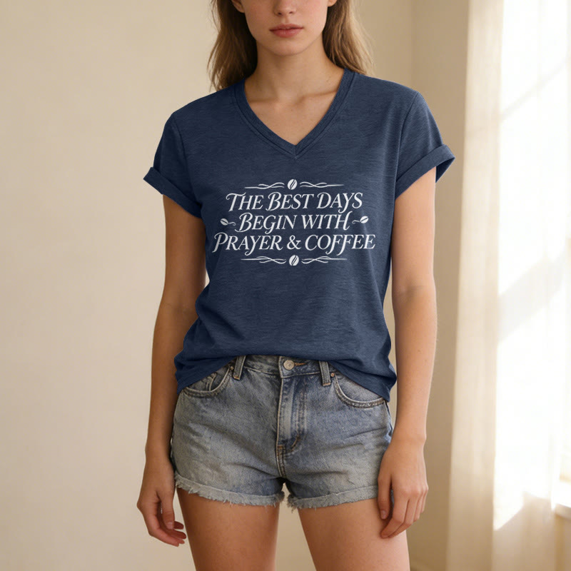 Christianartworkshop The Best Days Begin With Prayer & Coffee Casual V-neck T-shirt - image 1
