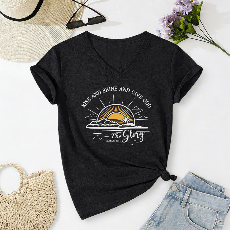 Christianartworkshop Rise and Shine and Give God the Glory Isaiah 60:1 Sunrise Print Casual V-neck T-shirt - Black - 2XL - image 12