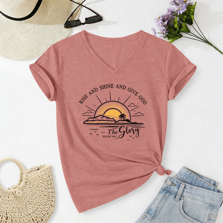 Christianartworkshop Rise and Shine and Give God the Glory Isaiah 60:1 Sunrise Print Casual V-neck T-shirt - Light Pink - 2XL - image 10