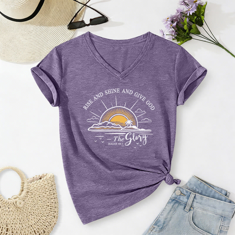 Christianartworkshop Rise and Shine and Give God the Glory Isaiah 60:1 Sunrise Print Casual V-neck T-shirt - Purple - 2XL - image 16