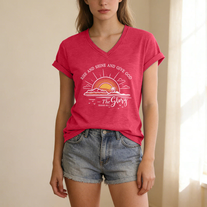 Christianartworkshop Rise and Shine and Give God the Glory Isaiah 60:1 Sunrise Print Casual V-neck T-shirt - Red - 2XL - image 22