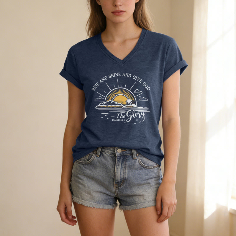 Christianartworkshop Rise and Shine and Give God the Glory Isaiah 60:1 Sunrise Print Casual V-neck T-shirt - image 19