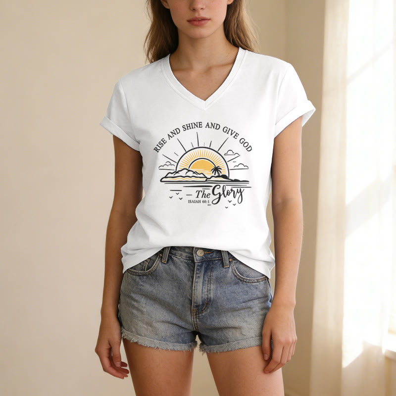 Christianartworkshop Rise and Shine and Give God the Glory Isaiah 60:1 Sunrise Print Casual V-neck T-shirt - image 7