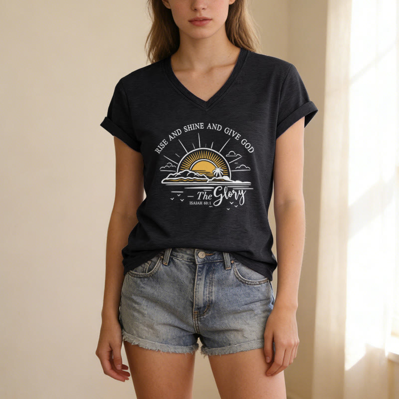 Christianartworkshop Rise and Shine and Give God the Glory Isaiah 60:1 Sunrise Print Casual V-neck T-shirt - image 13
