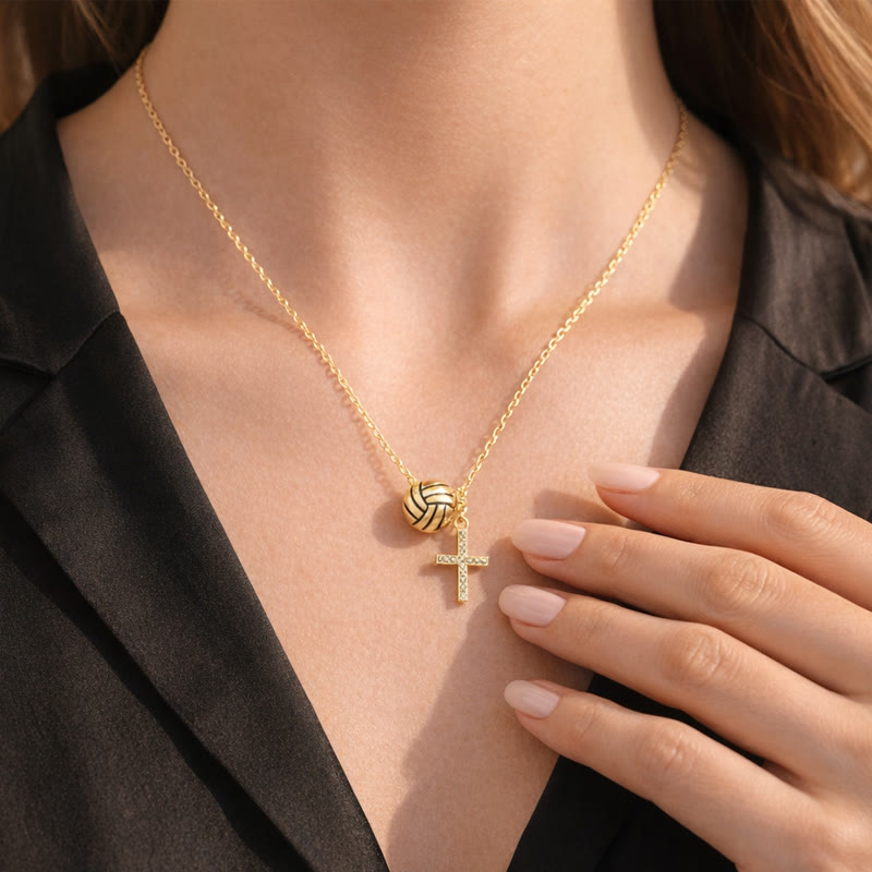 Christianartworkshop Gold-Tone Football/Volleyball Charm & Sparkling Cross Necklace: An Emblem of Faith, Passion, and Team Spirit - Volleyball - image 4