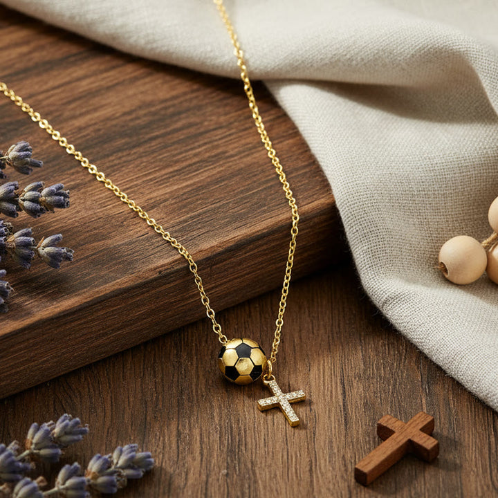 Christianartworkshop Gold-Tone Football/Volleyball Charm & Sparkling Cross Necklace: An Emblem of Faith, Passion, and Team Spirit - image 2