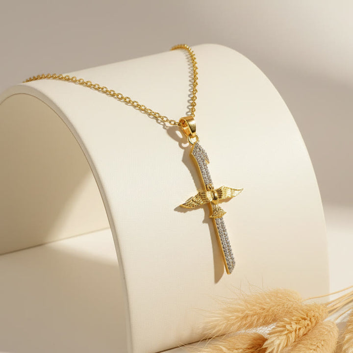 Christianartworkshop Sparkling Zircon Sword Cross Necklace with Dove Wings: A Reminder of Divine Protection - image 2