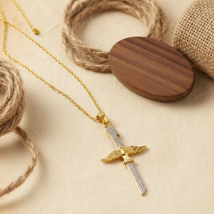 Christianartworkshop Sparkling Zircon Sword Cross Necklace with Dove Wings: A Reminder of Divine Protection - image 3