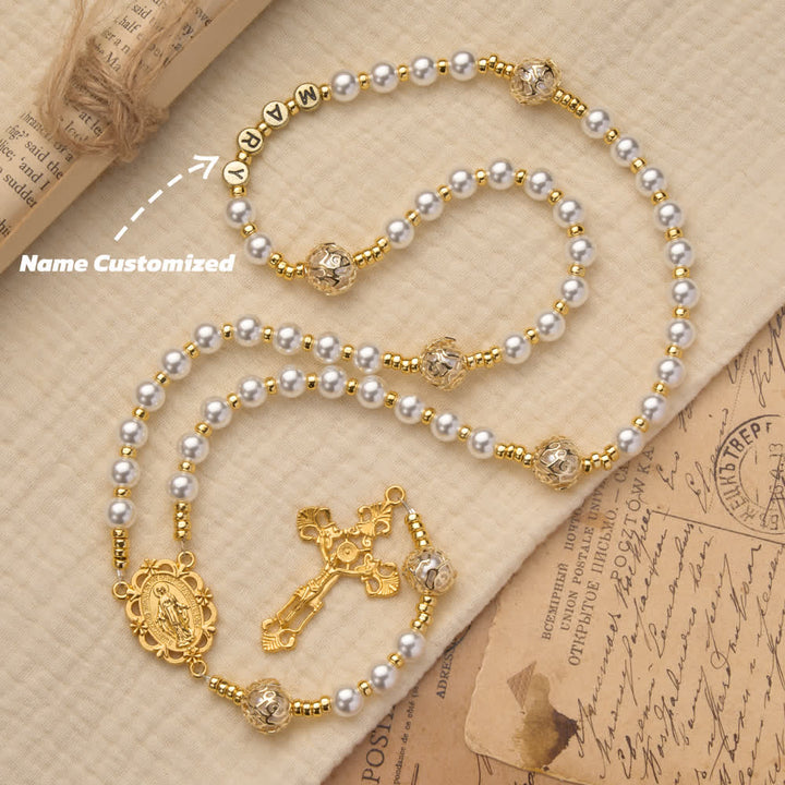 Christianartworkshop Elegant White Virgin Mary Rosary with Custom Name Letters - Name Customized(All in capitals) - image 2