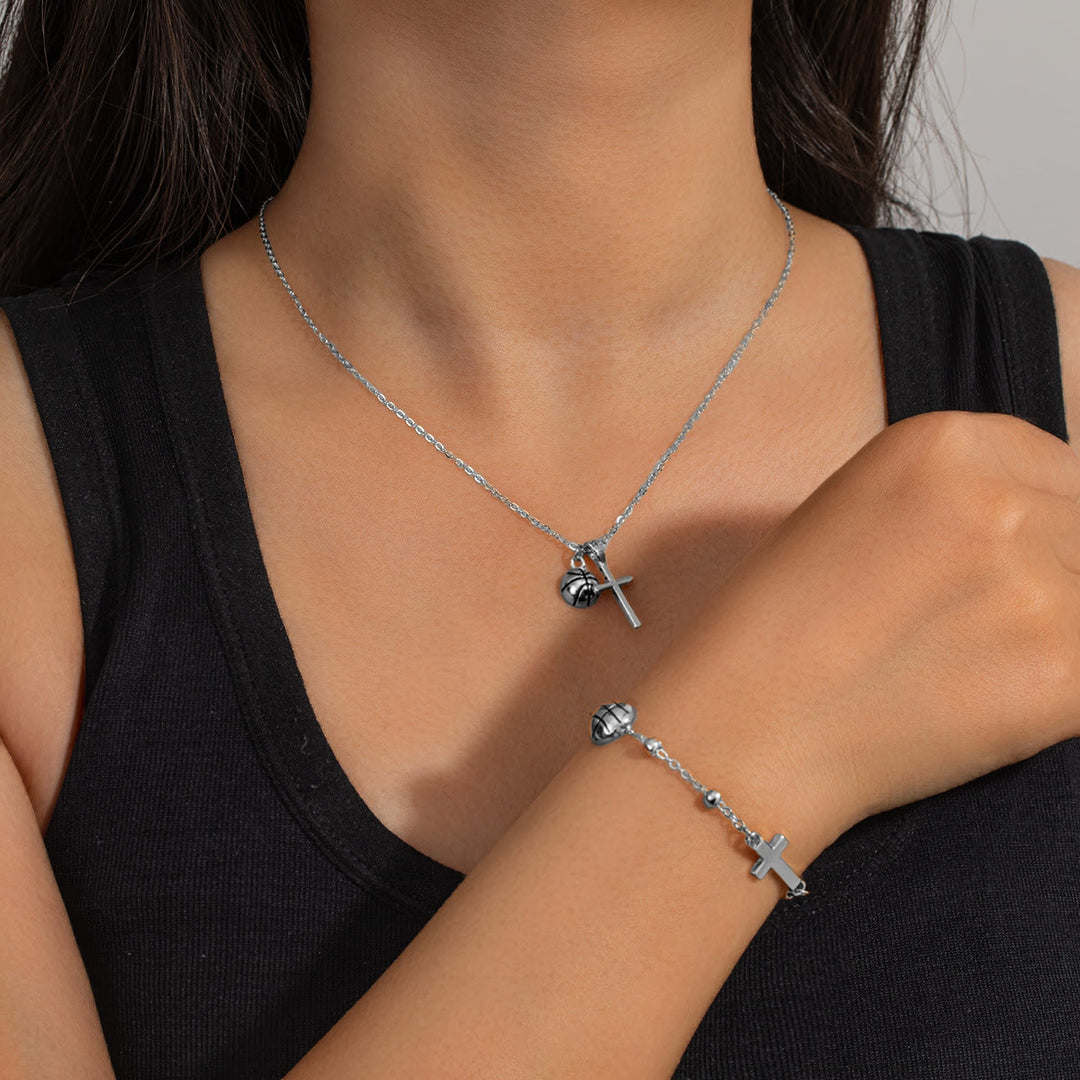 Christianartworkshop Sport Ball & Cross Jewelry Set (Necklace + Bracelet) with Card: A Symbol of Faith and Athletic Passion - Silver Basketball B - image 9