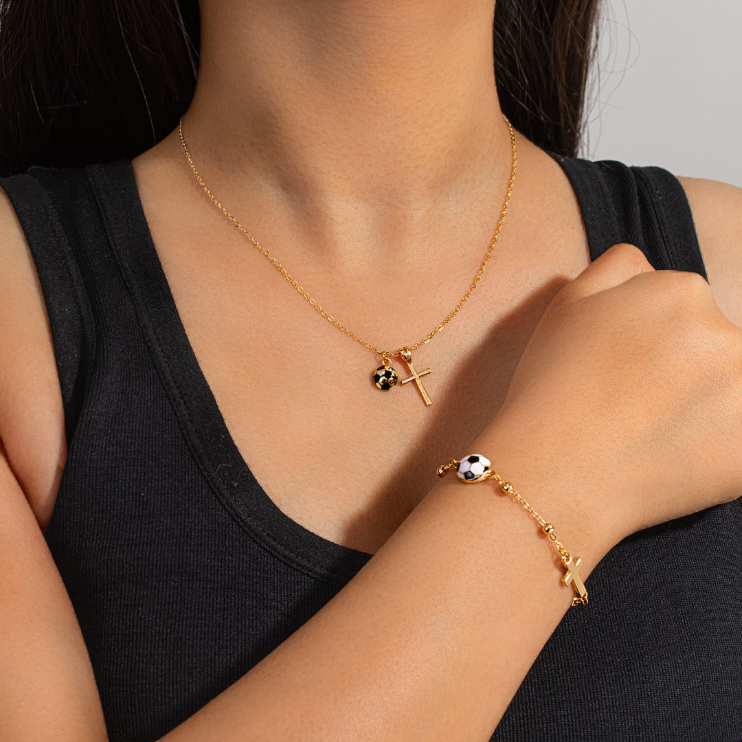 Christianartworkshop Sport Ball & Cross Jewelry Set (Necklace + Bracelet) with Card: A Symbol of Faith and Athletic Passion - Golden Soccer B - image 13