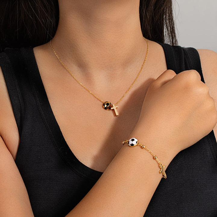 Christianartworkshop Sport Ball & Cross Jewelry Set (Necklace + Bracelet) with Card: A Symbol of Faith and Athletic Passion - Golden Soccer A - image 10