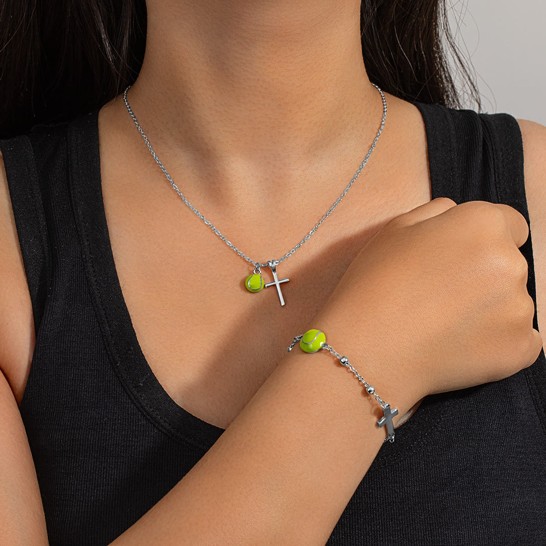 Christianartworkshop Sport Ball & Cross Jewelry Set (Necklace + Bracelet) with Card: A Symbol of Faith and Athletic Passion - Silver Tennis B - image 23