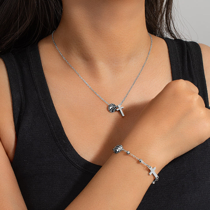Christianartworkshop Sport Ball & Cross Jewelry Set (Necklace + Bracelet) with Card: A Symbol of Faith and Athletic Passion - Silver Basketball A - image 7