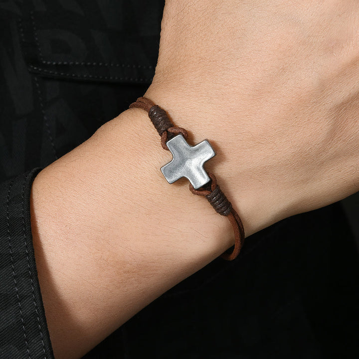 Christianartworkshop Antiqued Metal Cross on Braided Leather Cord: An Emblem of Steadfast Belief - Brown - image 0