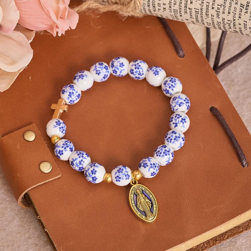 Christianartworkshop Vintage-Style Floral Ceramic Bead Bracelet with Cross & Mary Medal: A Reminder of Divine Grace - Golden - image 0