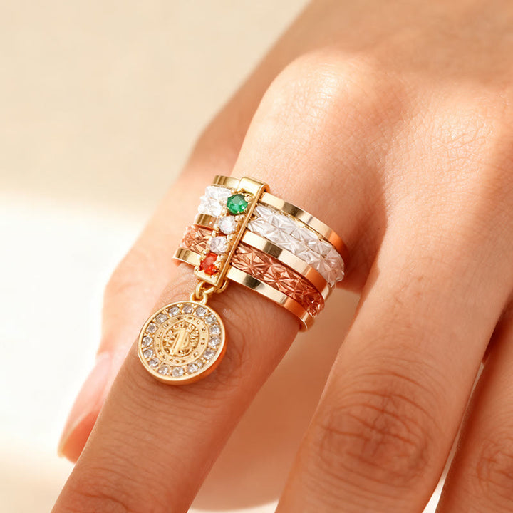 Devotion Ring Multi-Tiered Marian Devotion Ring with Dangling Miraculous Medal ...
