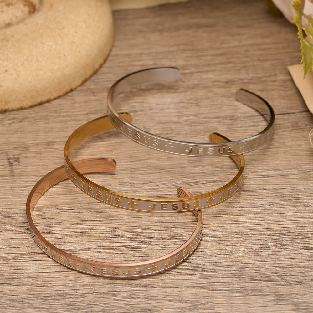 Christianartworkshop Engraved JESUS Cuff Bracelet in Golden, Silver, Rose Gold Tone: A Reminder of Divine Grace - image 1