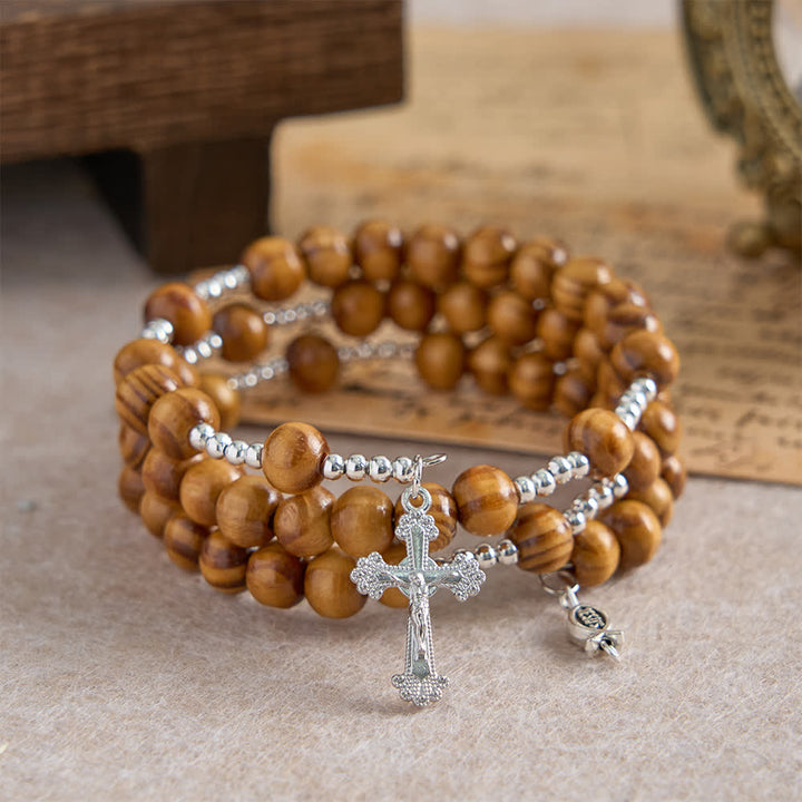Christianartworkshop Natural Olive Wood Memory Wire Rosary Bracelet with Ichthys & Crucifix - image 3