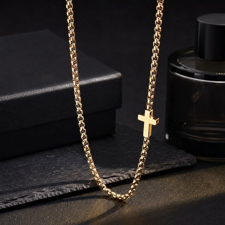 Christianartworkshop Sleek Stainless Steel Cross Necklace with Sideways Pendant: A Reminder of Divine Grace - Golden - image 3