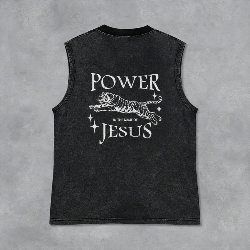 Christianartworkshop Power In The Name Of Jesus Tiger Washed Tank Top - image 3