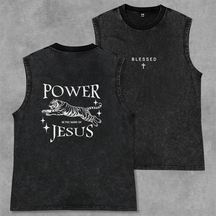 Christianartworkshop Power In The Name Of Jesus Tiger Washed Tank Top - Black - 2XL - image 0
