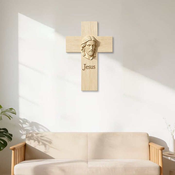 Christianartworkshop Natural Wood Cross Wooden Wall Decor with Printed Jesus Image: A Reminder of Faith and Love - image 2