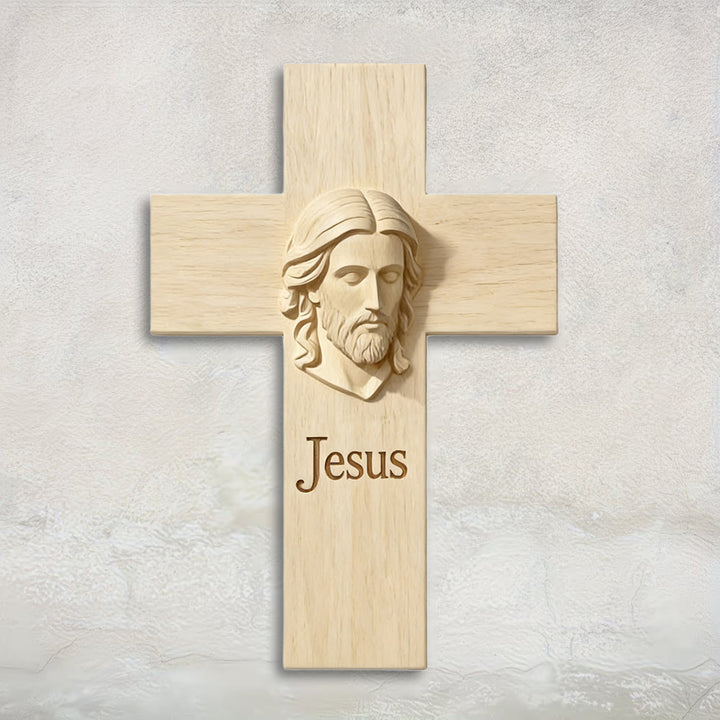 Christianartworkshop Natural Wood Cross Wooden Wall Decor with Printed Jesus Image: A Reminder of Faith and Love - 13.39''*19.7''*0.2''/34*50*0.5cm - image 0
