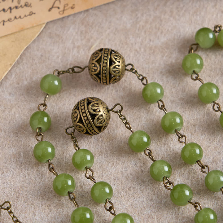 Christianartworkshop Bronze Filigree & Olive Green Glass Rosary with Our Lady - image 6