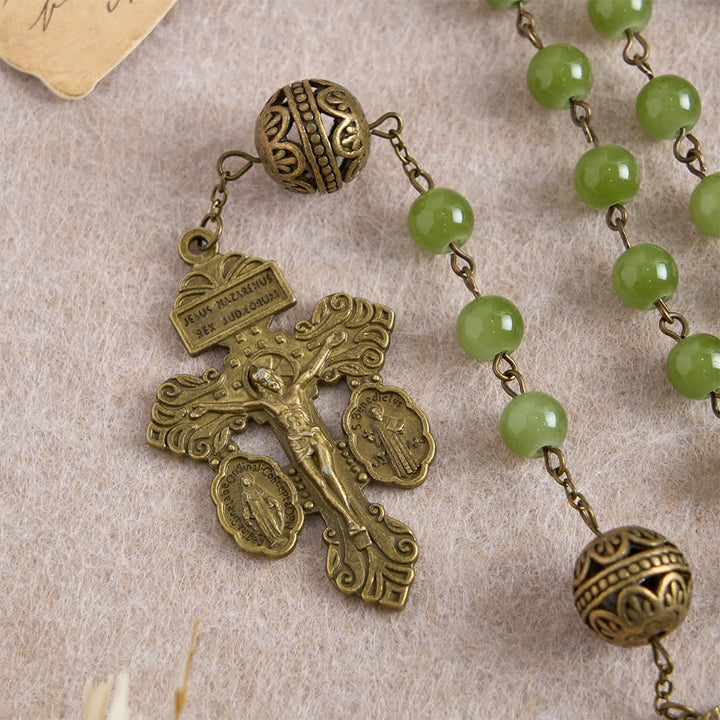 Christianartworkshop Bronze Filigree & Olive Green Glass Rosary with Our Lady - image 7