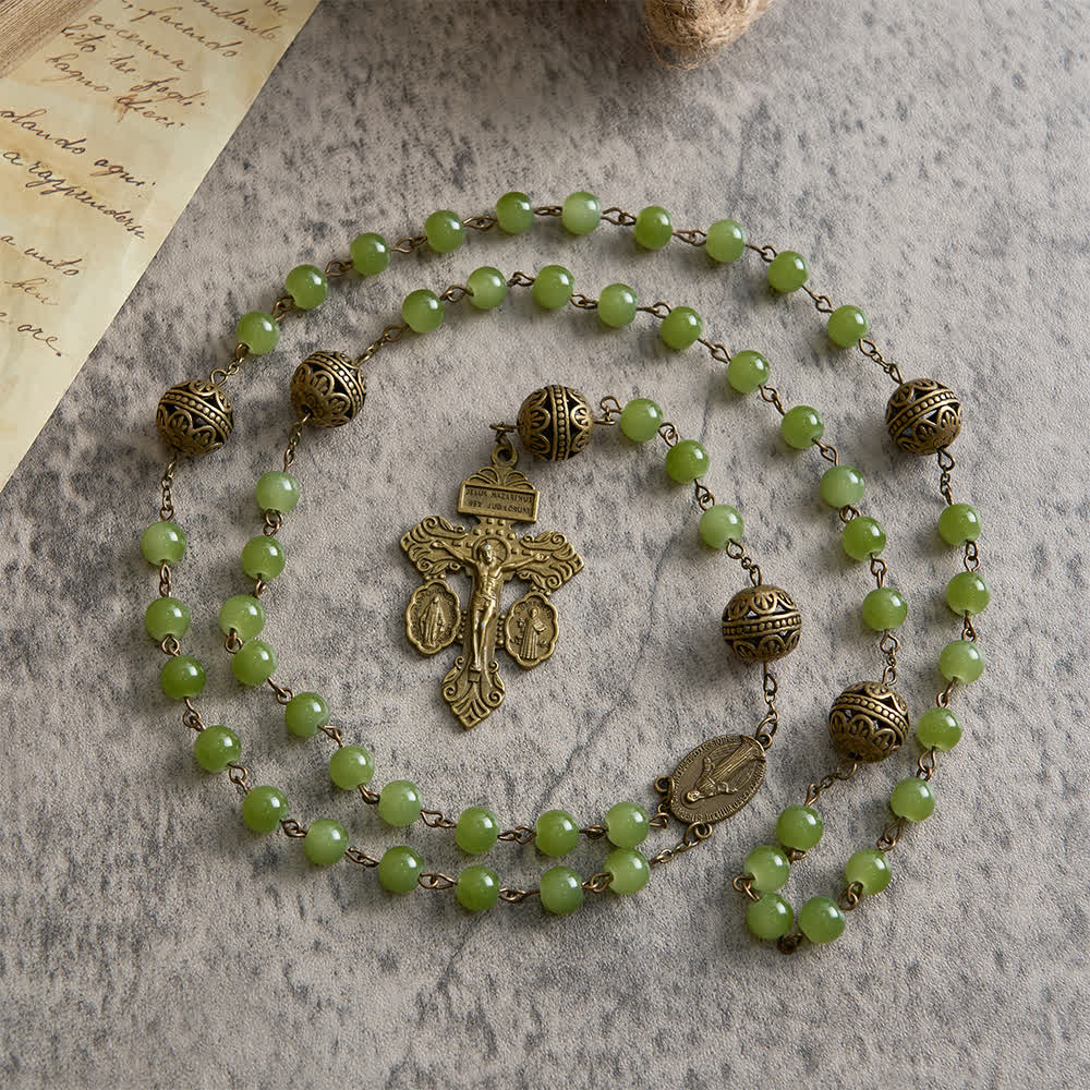 Christianartworkshop Bronze Filigree & Olive Green Glass Rosary with Our Lady - image 5