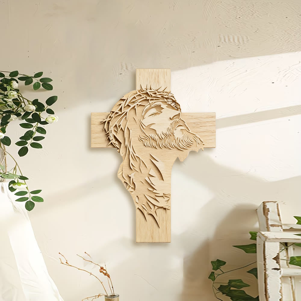 Christianartworkshop Warm Rustic Wooden Cross Wall Decor with Printed Jesus in Crown of Thorns - image 1
