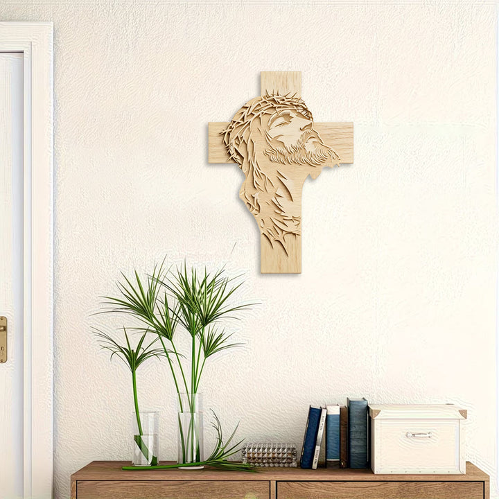 Christianartworkshop Warm Rustic Wooden Cross Wall Decor with Printed Jesus in Crown of Thorns - image 2
