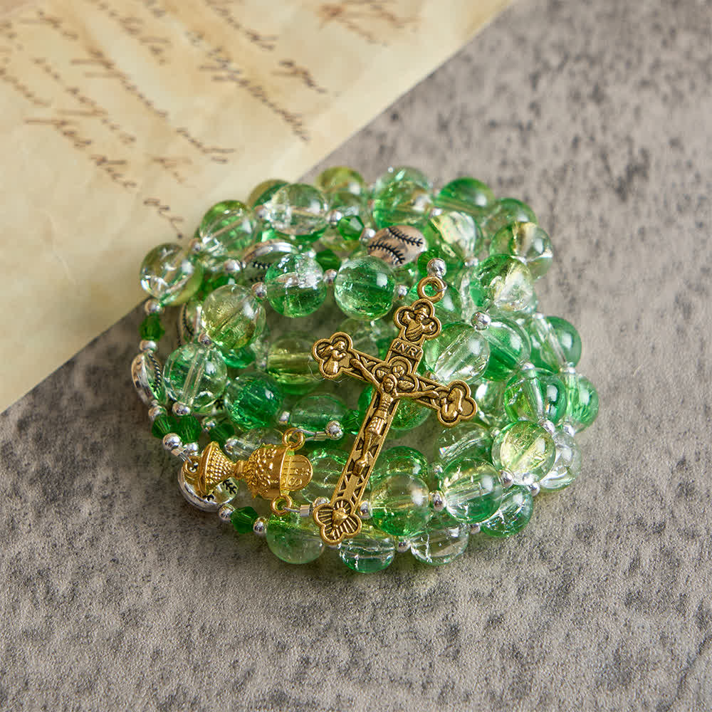 Christianartworkshop Yellow Green Crackle Glass Rosary: Tennis Ball Beads with Eucharist Medal for Faith in Motion - image 5