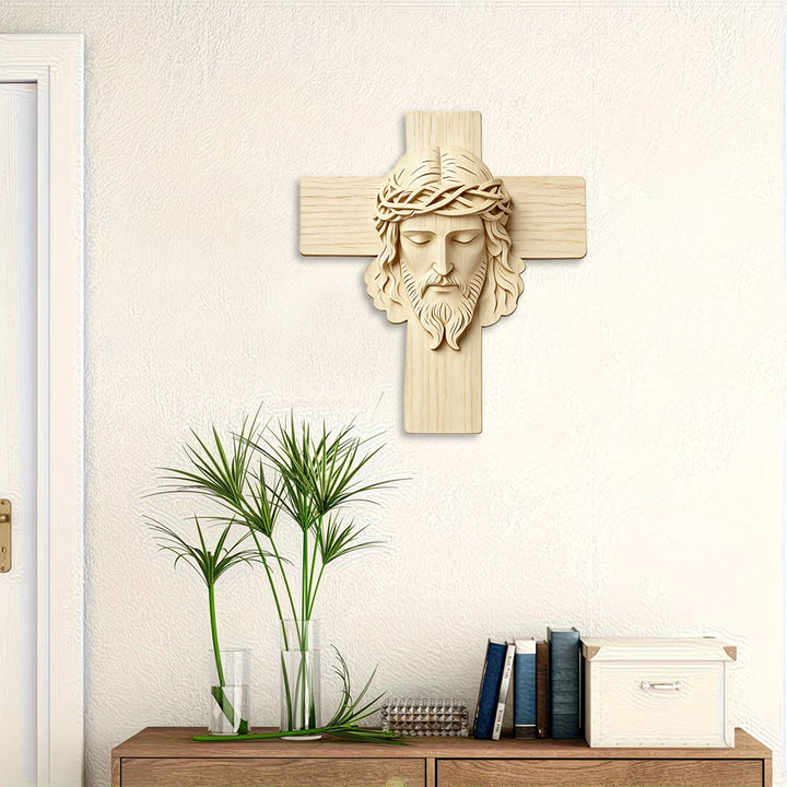 Christianartworkshop Timeless Wooden Cross Wall Hanging with 2D Closed-Eye Jesus Print - image 2